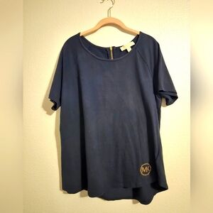 Michael Kors Womens T-Shirt With Gold Zipper On Back, MK Rhinestone Logo, XL